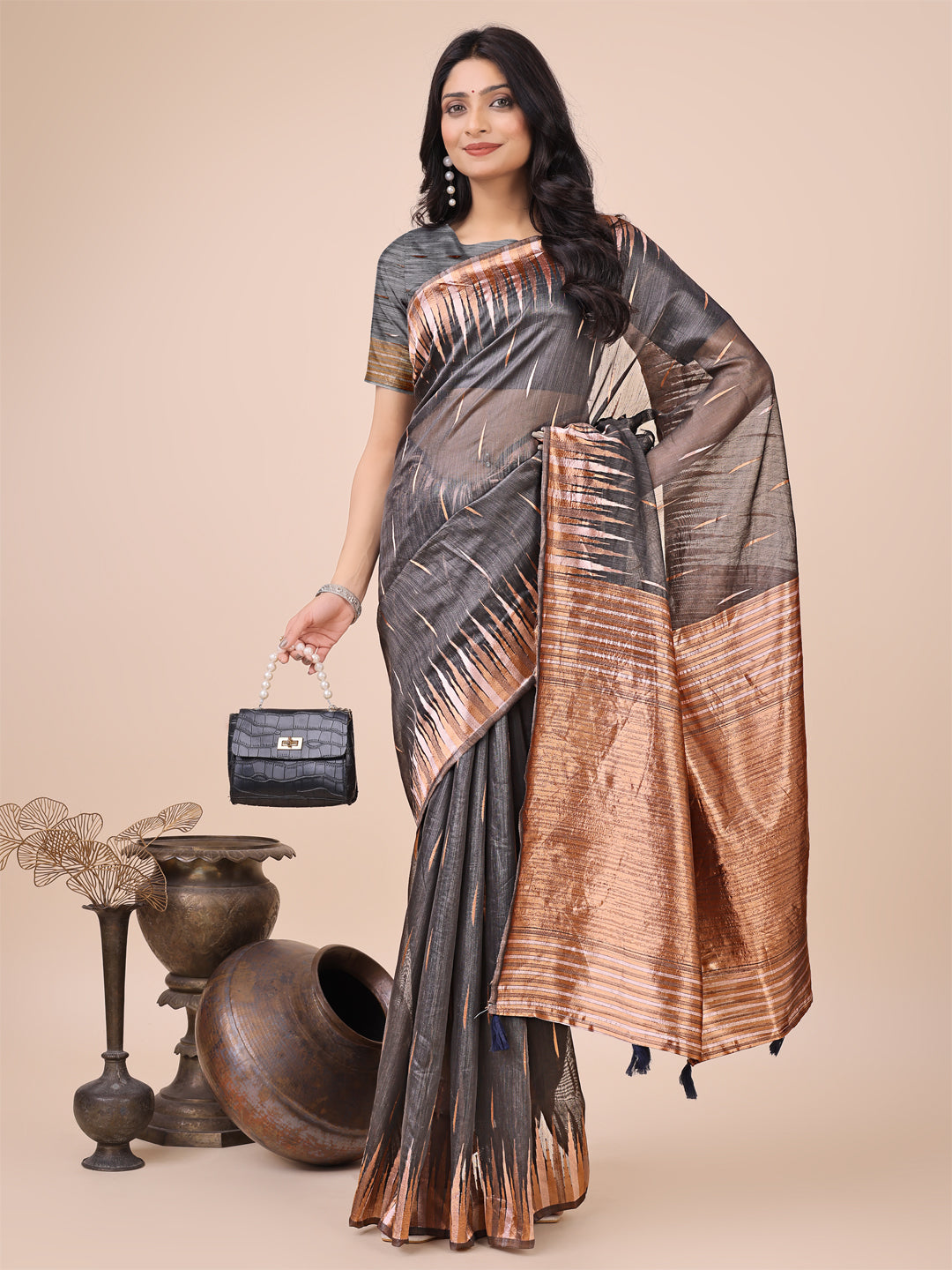 Shree Shyam Fashion Premium Charcoal Black Linen Cotton Saree with Copper Zari Pallu & Abstract Print - Office & Festive Wear
