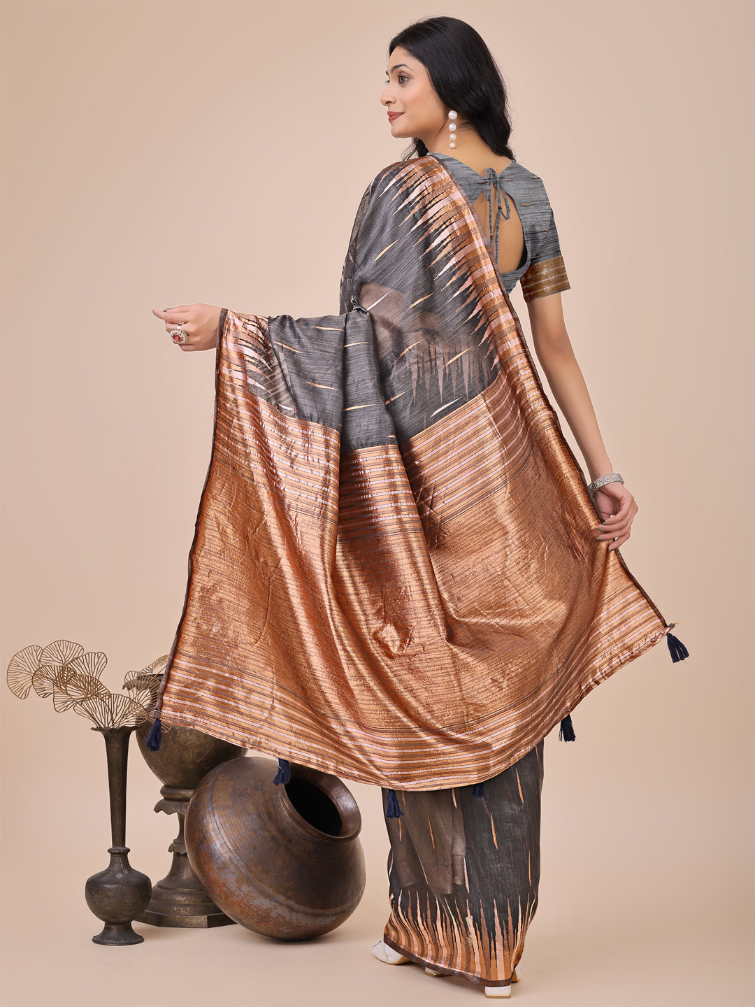 Shree Shyam Fashion Premium Charcoal Black Linen Cotton Saree with Copper Zari Pallu & Abstract Print - Office & Festive Wear
