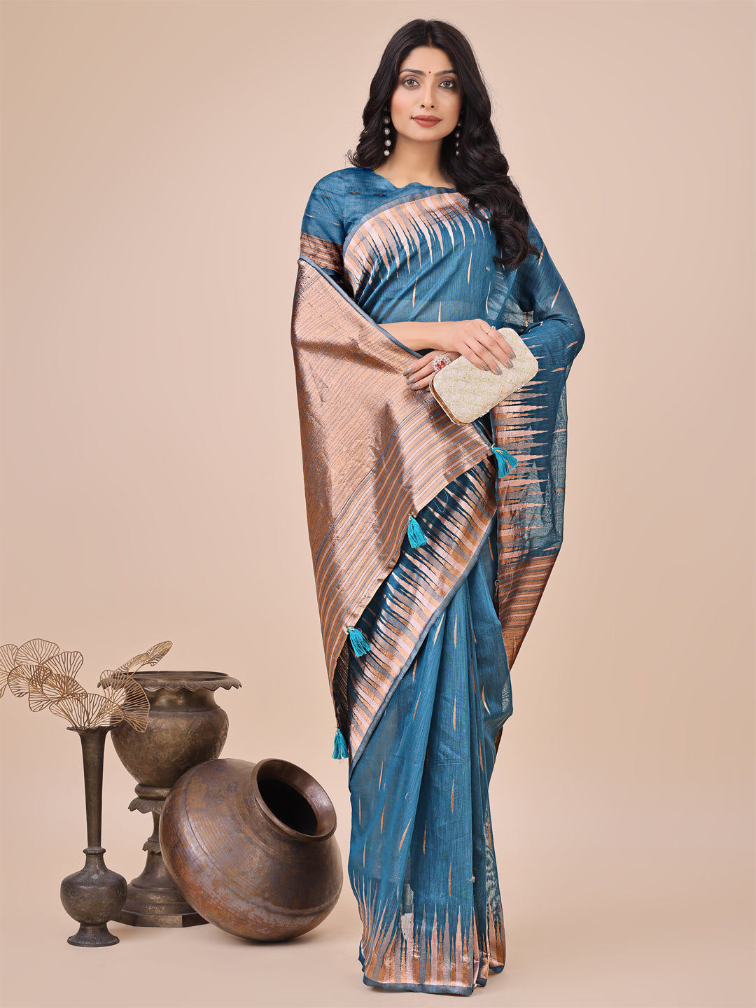 Shree Shyam Fashion Elegant Blue Linen Cotton Saree with Copper Zari Pallu and Artistic Brush Pattern - Festive & Formal Wear