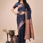 Shree Shyam Fashion Elegant Navy Blue Linen Cotton Saree with Copper Zari Pallu and Artistic Brush Pattern - Festive & Formal Wear