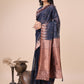 Shree Shyam Fashion Elegant Navy Blue Linen Cotton Saree with Copper Zari Pallu and Artistic Brush Pattern - Festive & Formal Wear