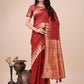 Shree Shyam Fashion Elegant Red Linen Cotton Saree with Copper Zari Pallu and Artistic Brush Pattern - Festive & Formal Wear