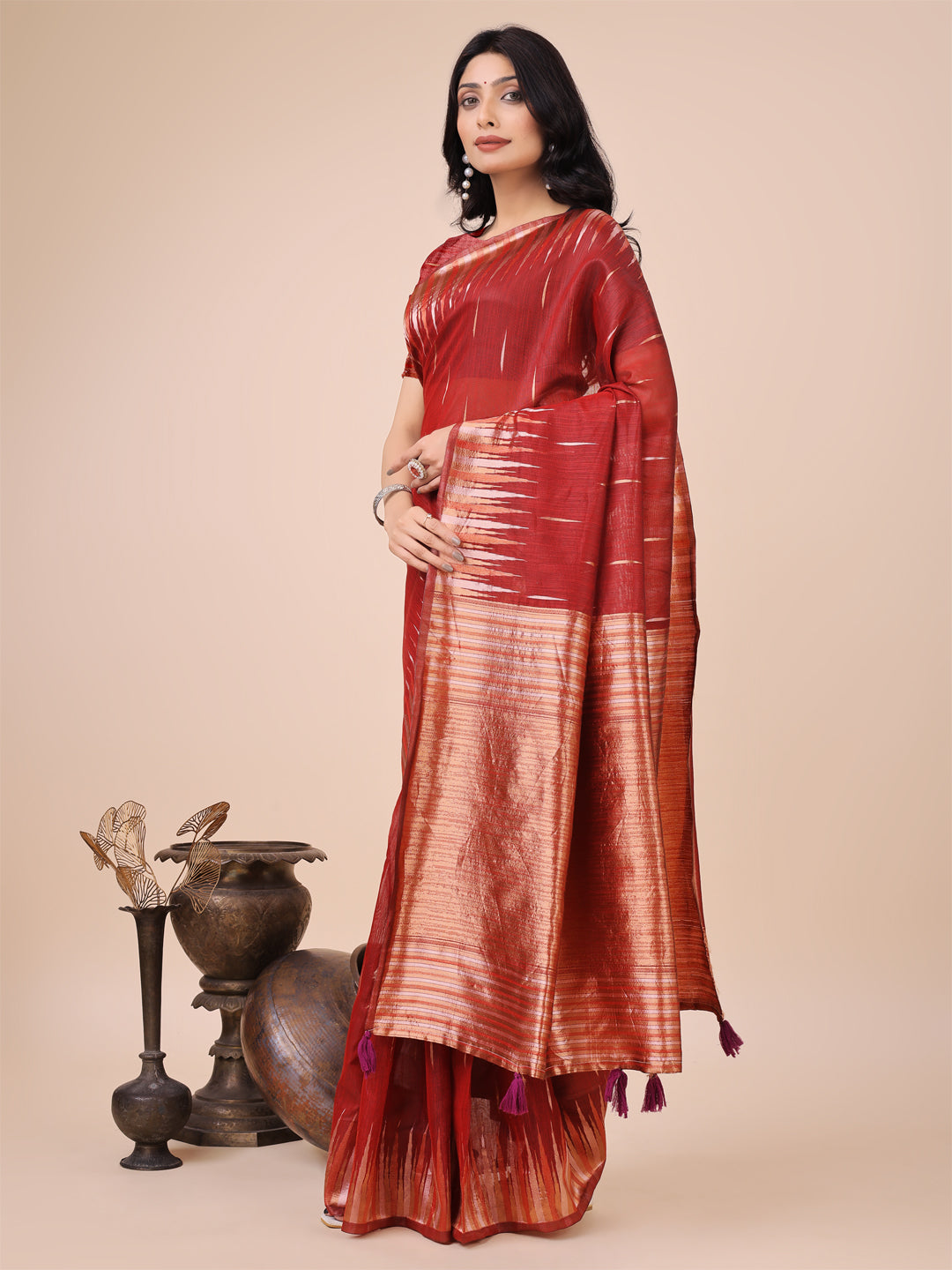 Shree Shyam Fashion Elegant Red Linen Cotton Saree with Copper Zari Pallu and Artistic Brush Pattern - Festive & Formal Wear