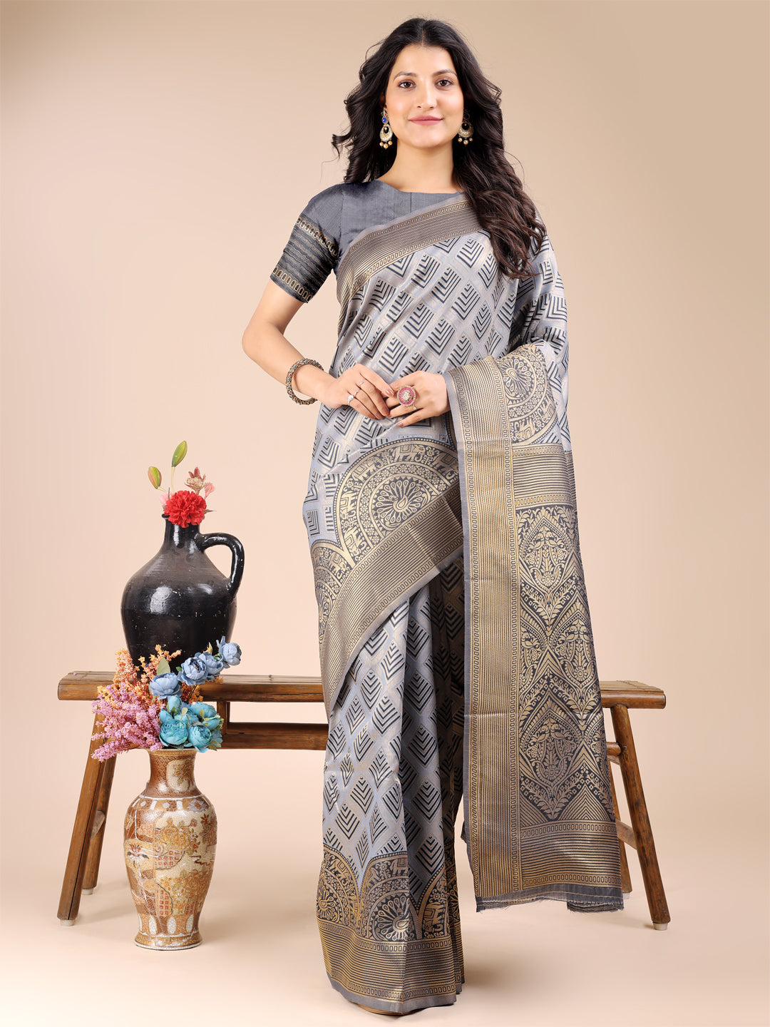 Astita Grey Banarasi silk Woven Zari Work Traditional Tassel Saree | Swadesiicart