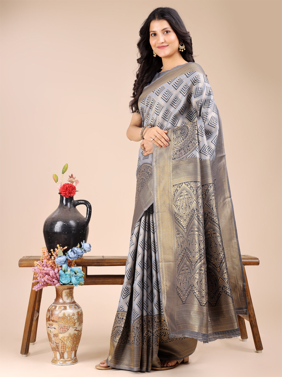 Astita Grey Banarasi silk Woven Zari Work Traditional Tassel Saree | Swadesiicart