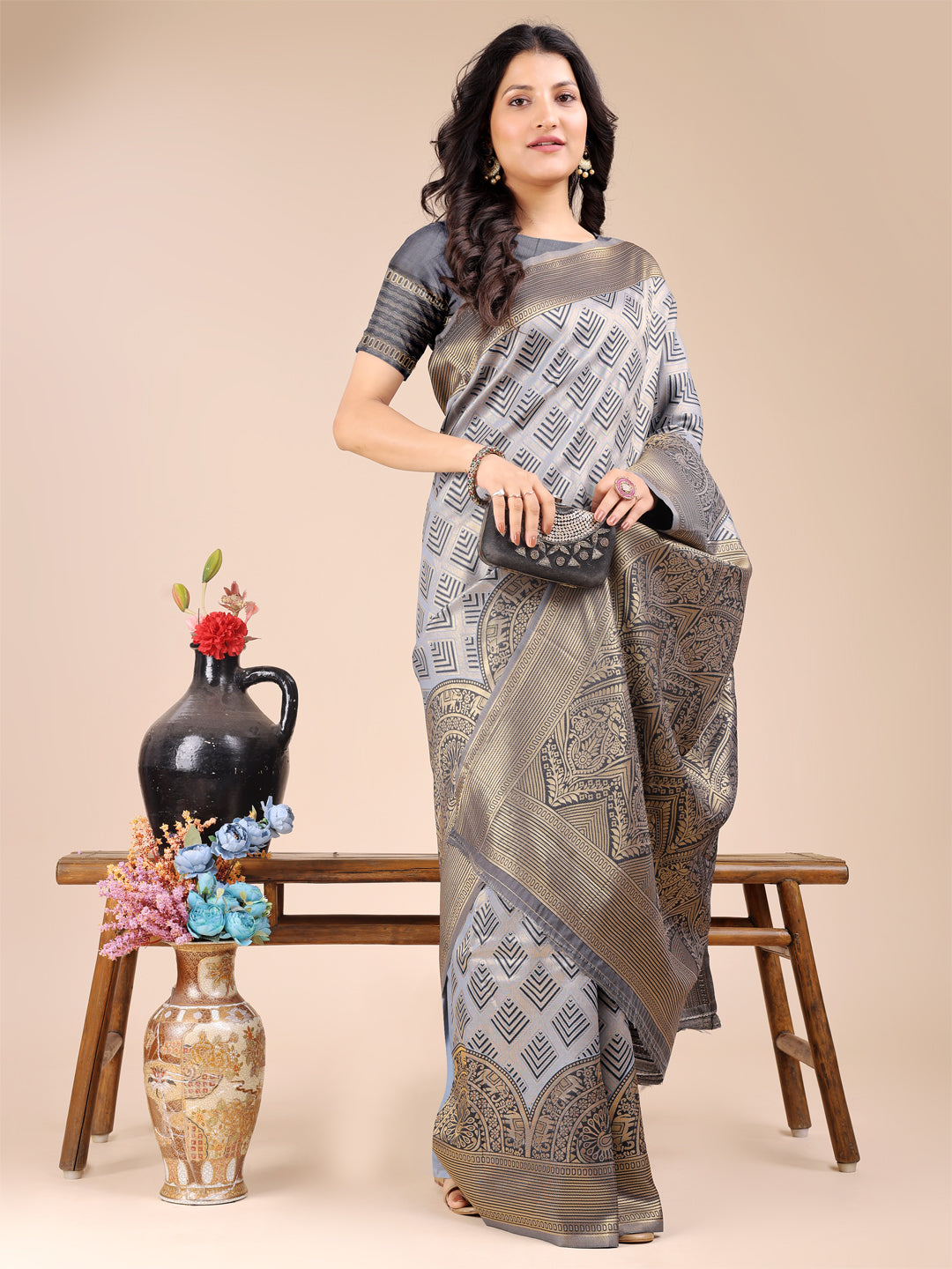 Astita Grey Banarasi silk Woven Zari Work Traditional Tassel Saree | Swadesiicart