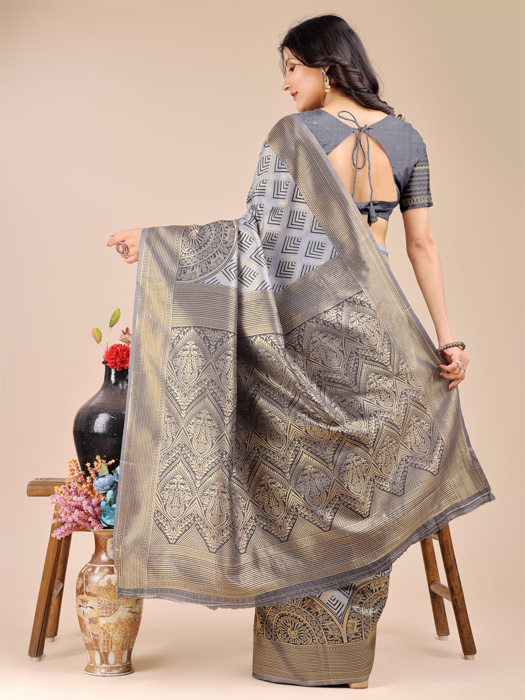 Astita Grey Banarasi silk Woven Zari Work Traditional Tassel Saree | Swadesiicart