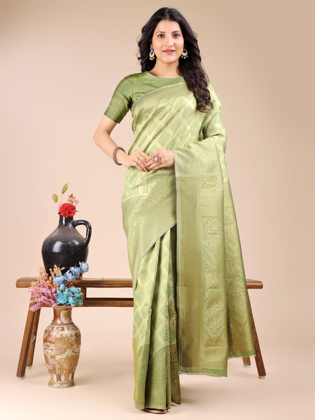 Astita Light Green Banarasi silk Woven Zari Work Traditional Tassel Saree | Swadesiicart