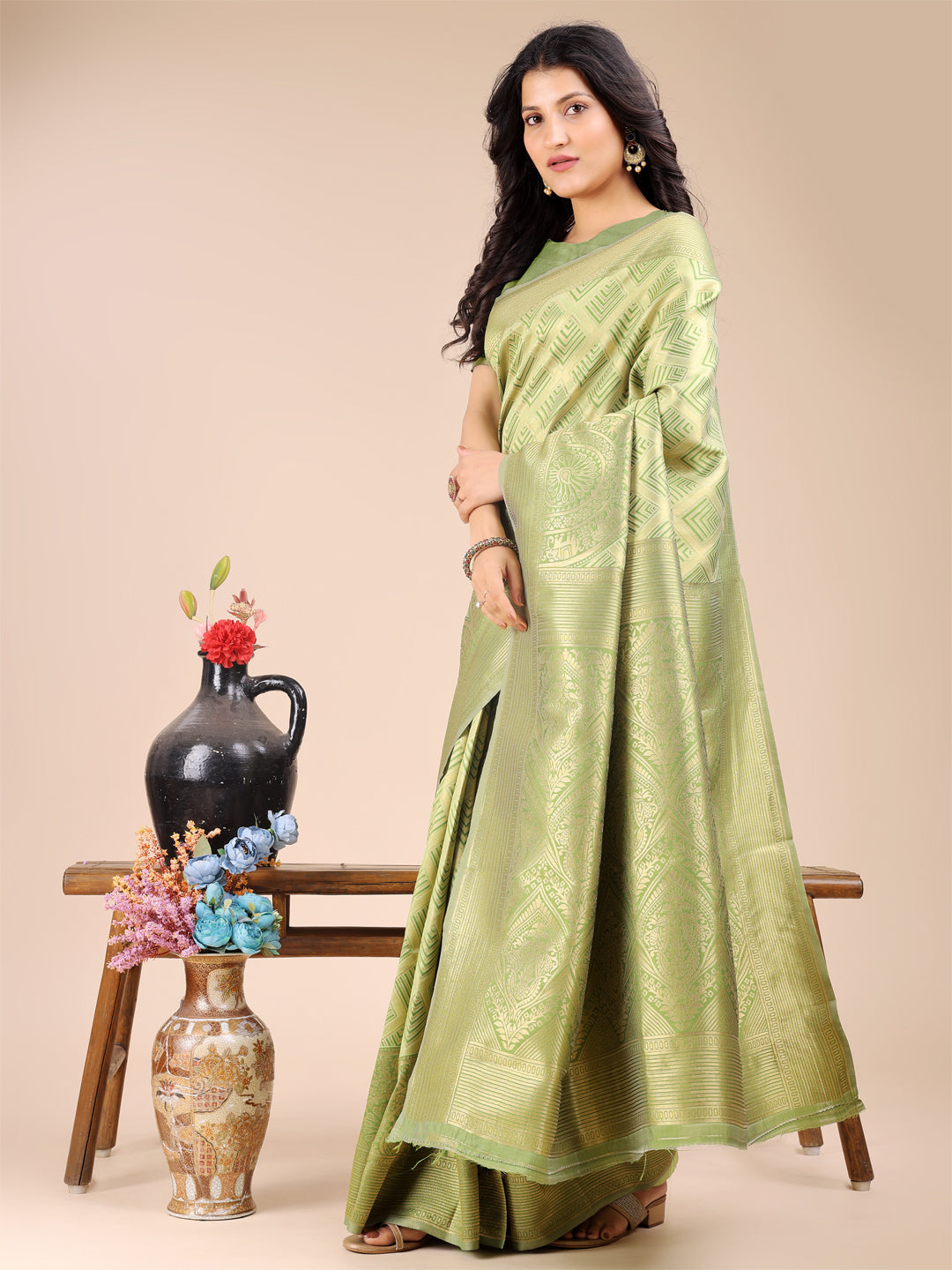 Astita Light Green Banarasi silk Woven Zari Work Traditional Tassel Saree | Swadesiicart