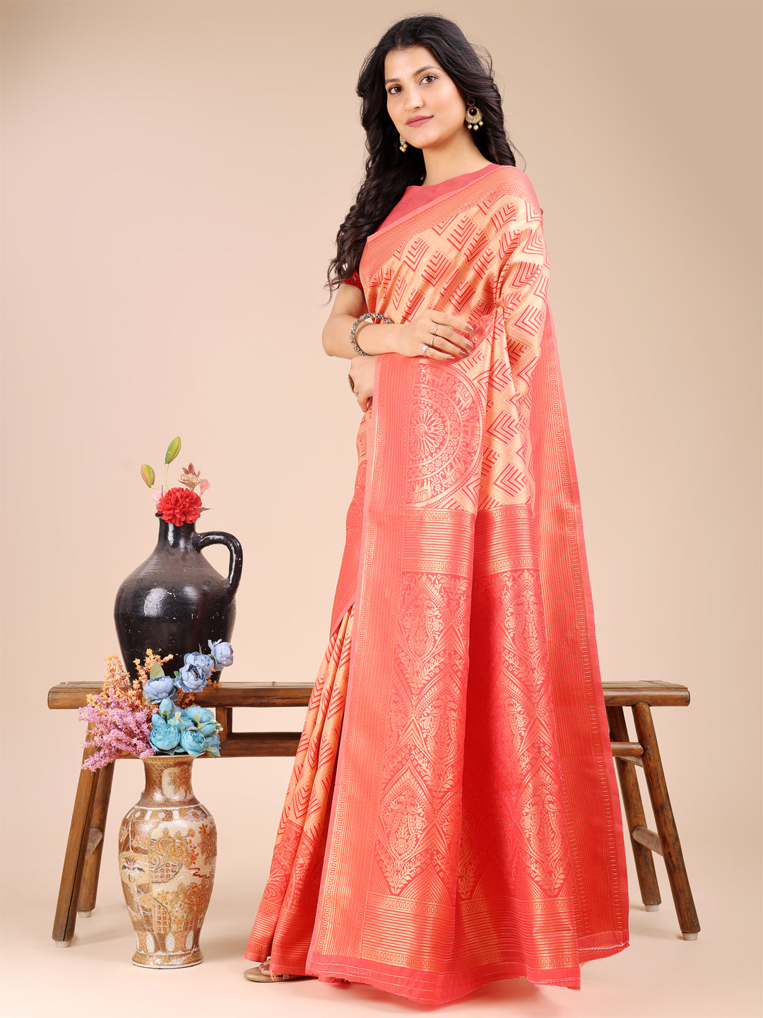 Astita Peach Banarasi silk Woven Zari Work Traditional Tassel Saree | Swadesiicart