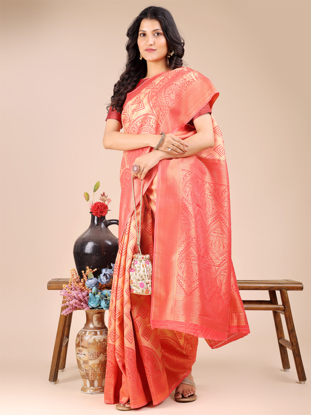 Astita Peach Banarasi silk Woven Zari Work Traditional Tassel Saree | Swadesiicart