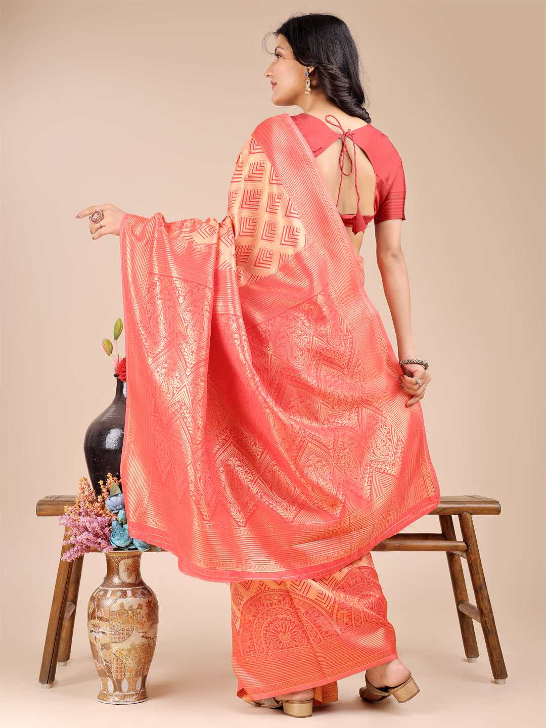 Astita Peach Banarasi silk Woven Zari Work Traditional Tassel Saree | Swadesiicart