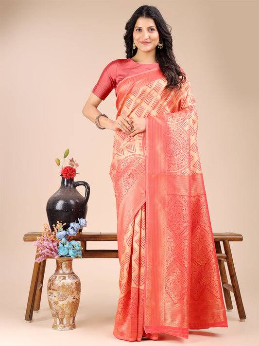 Astita Peach Banarasi silk Woven Zari Work Traditional Tassel Saree | Swadesiicart