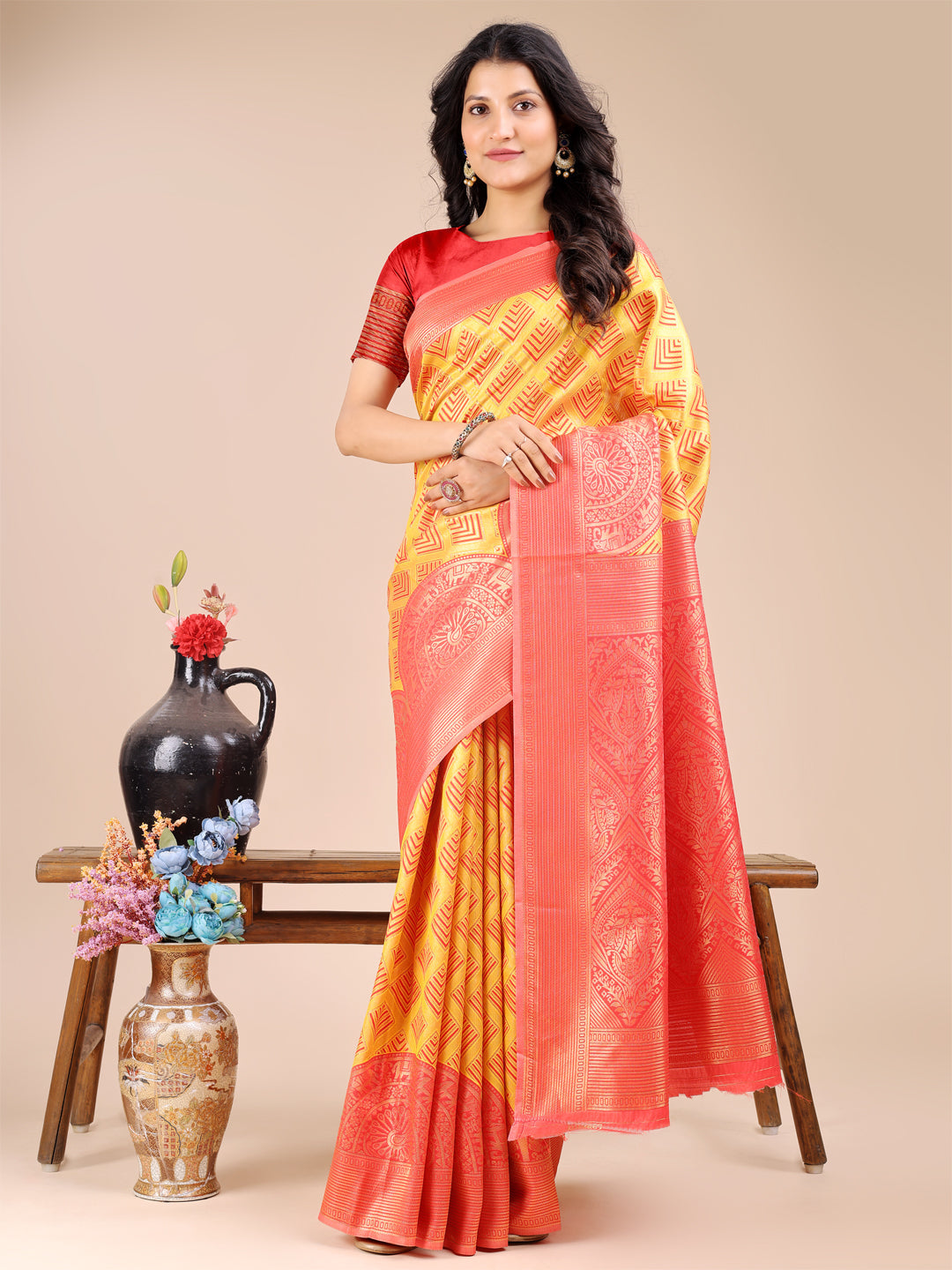 Astita Yellow & Red Banarasi silk Woven Zari Work Traditional Tassel Saree | Swadesiicart