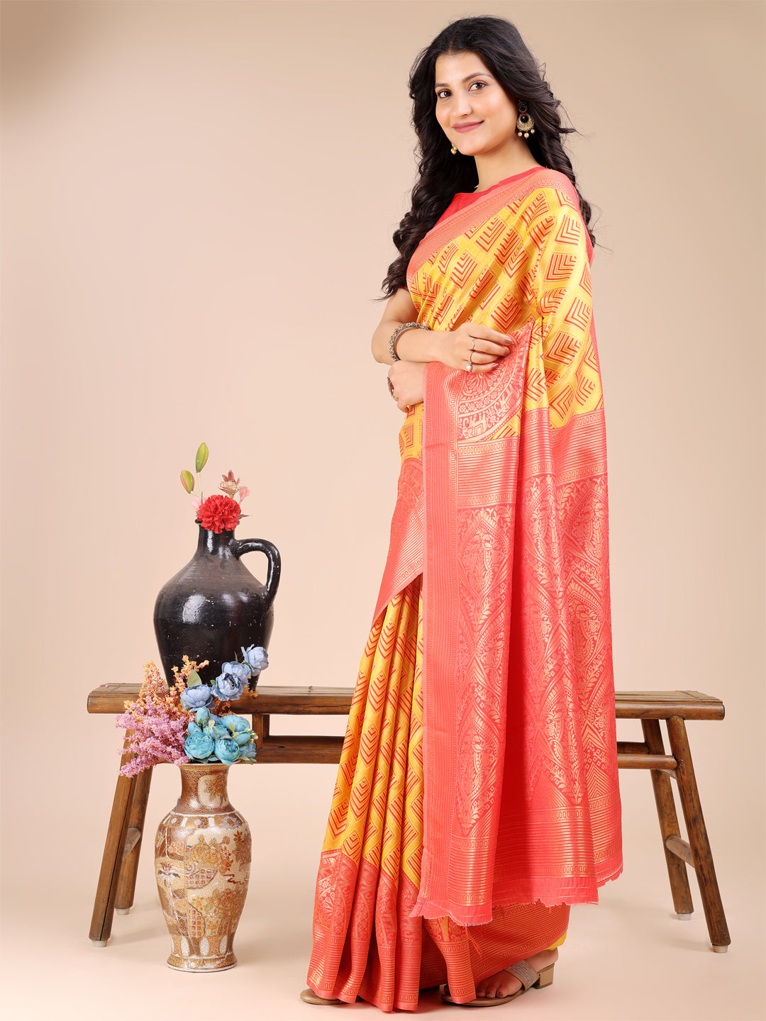 Astita Yellow & Red Banarasi silk Woven Zari Work Traditional Tassel Saree | Swadesiicart