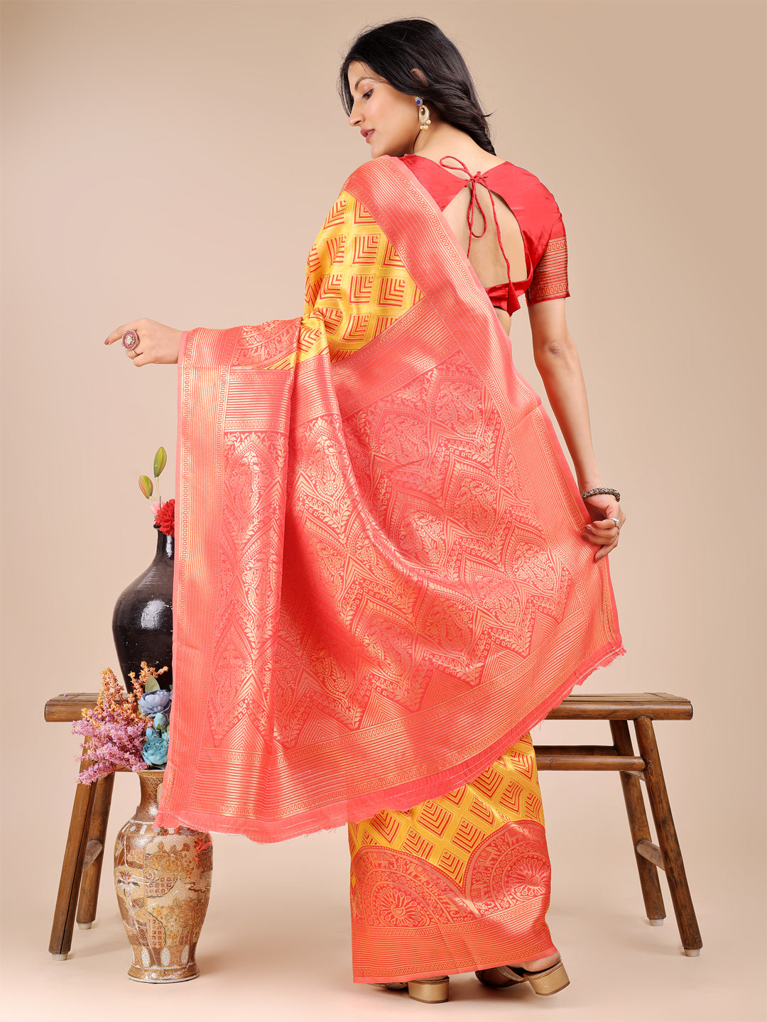 Astita Yellow & Red Banarasi silk Woven Zari Work Traditional Tassel Saree | Swadesiicart