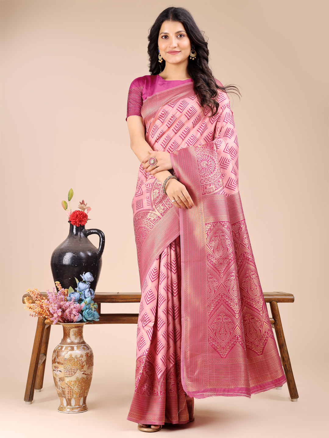 Astita Light Pink Banarasi silk Woven Zari Work Traditional Tassel Saree | Swadesiicart