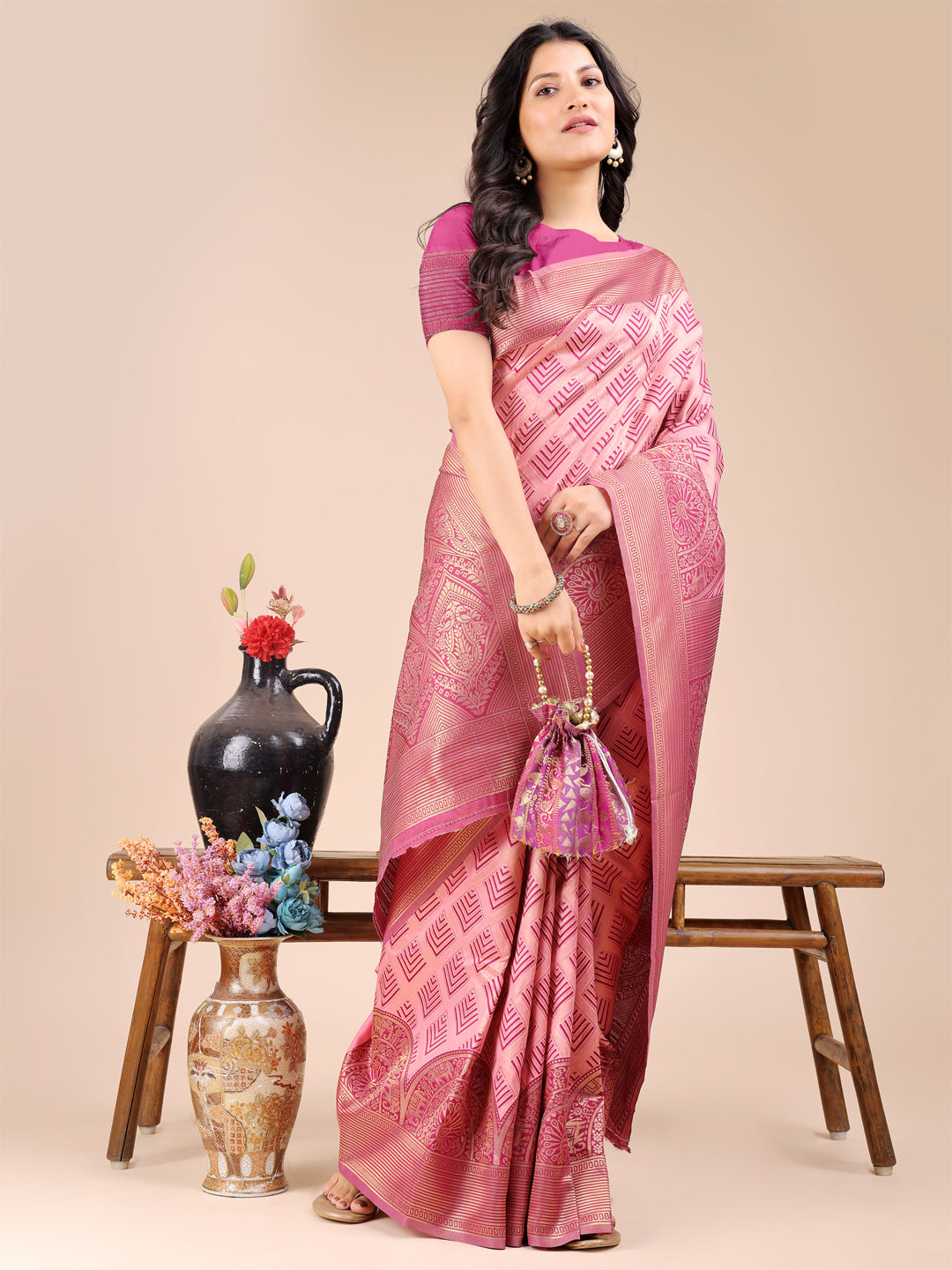 Astita Light Pink Banarasi silk Woven Zari Work Traditional Tassel Saree | Swadesiicart