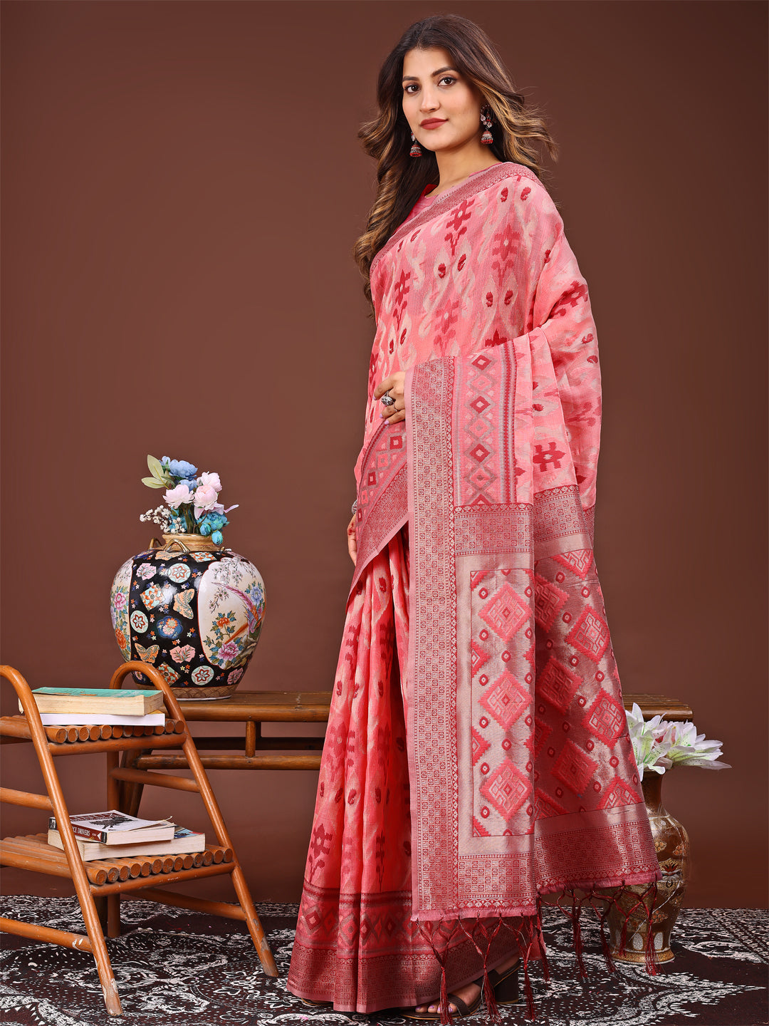 Shree Shyam Fashion Radiant Peach Linen Cotton Patola Saree - Where Tradition Dances with Elegance