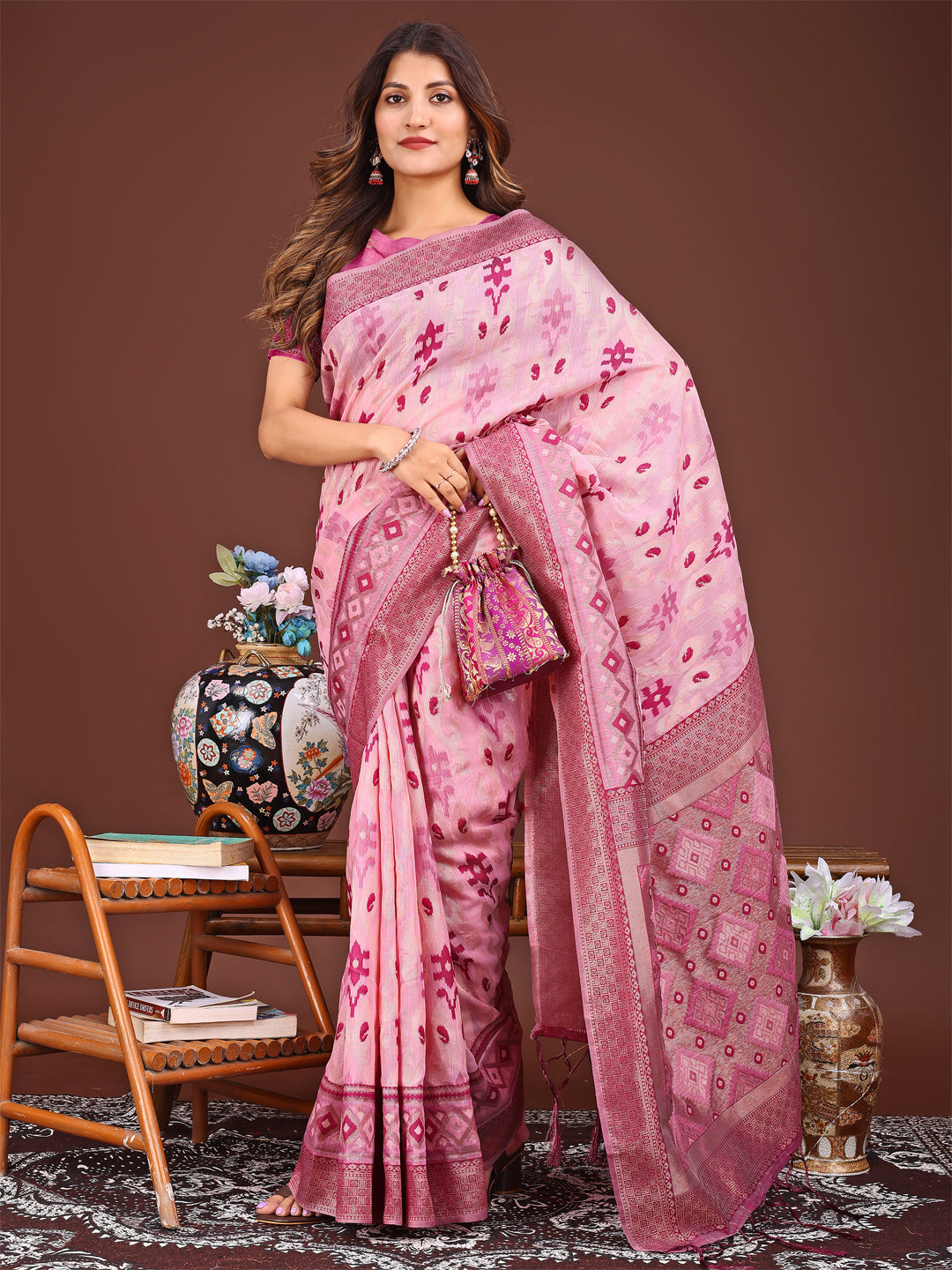 Shree Shyam Fashion Radiant Pink Linen Cotton Patola Saree - Where Tradition Dances with Elegance