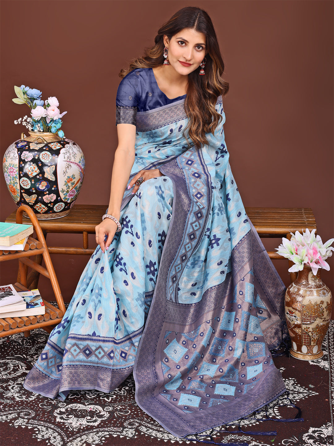 Shree Shyam Fashion Radiant Sky Blue Linen Cotton Patola Saree - Where Tradition Dances with Elegance