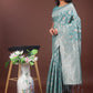 Shree Shyam Fashion Elegant Sea Green Linen Cotton Saree with Silver Zari - Perfect Blend of Comfort & Charm