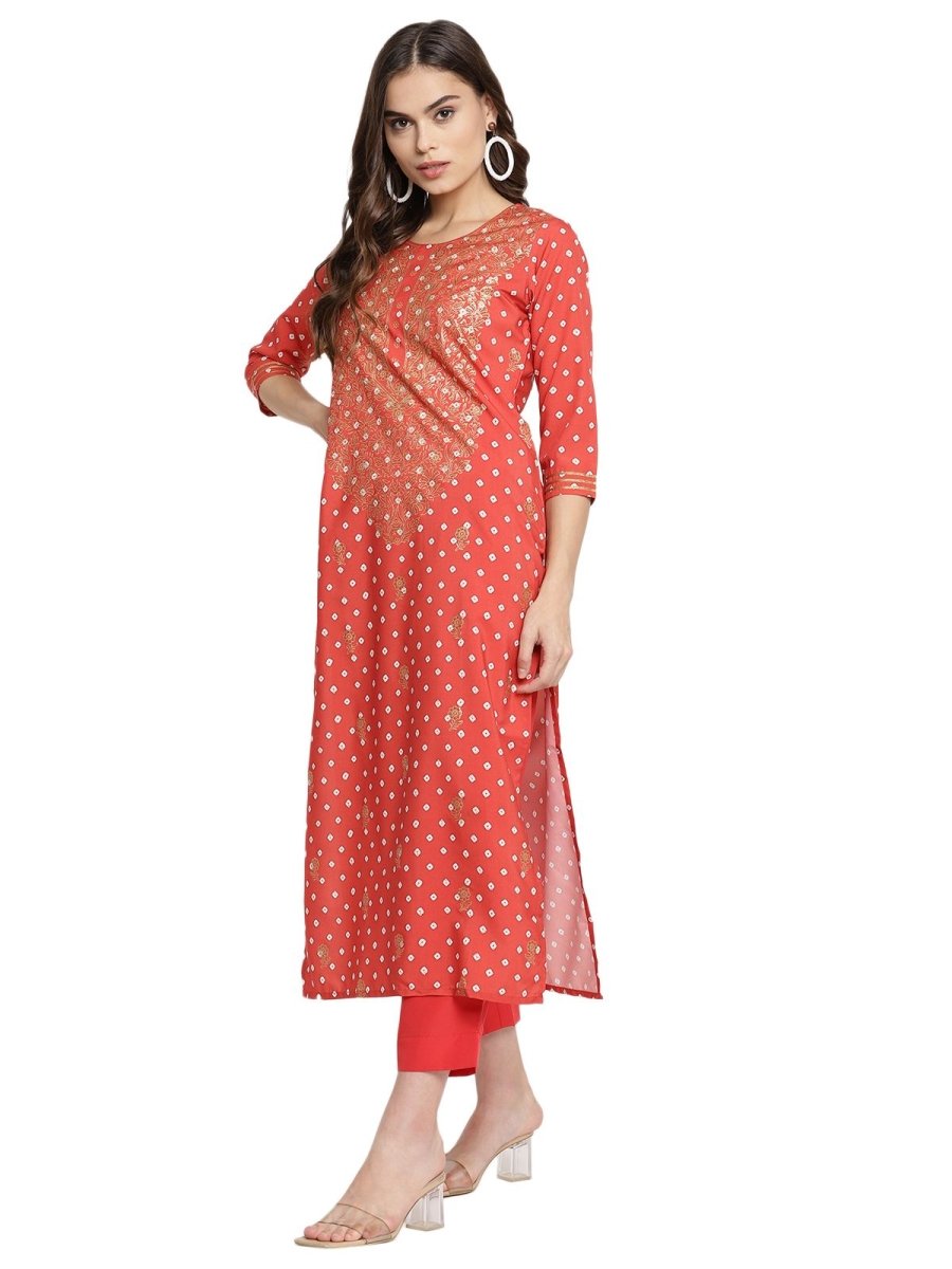 Ahalyaa Red Crepe Bandhani Gold Printed Kurta Pant With Dupatta | Swadesiicart