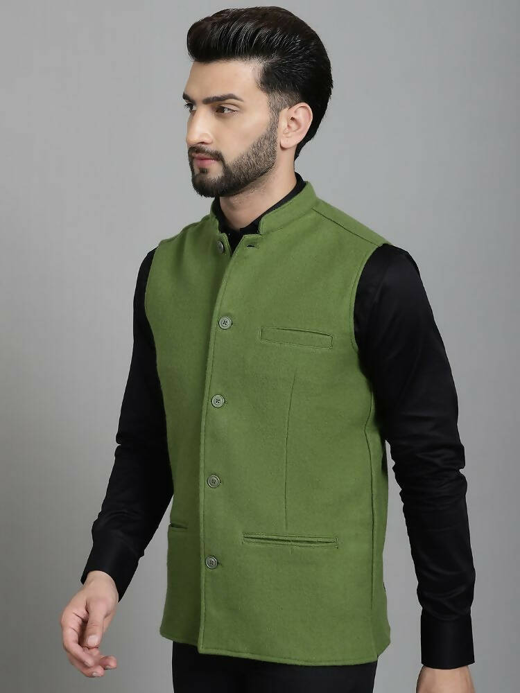 Even Apparels Nehru Jacket With Welt Pockets - Olive | Swadesiicart