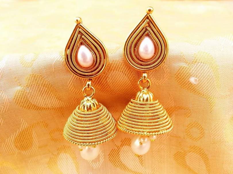 Metallic White Kemp Jhumkas | Swadesiicart