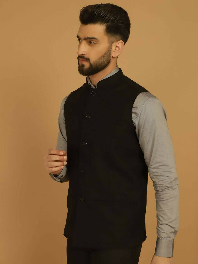Even Apparels Pure Wool Nehru Jacket - Black | Swadesiicart