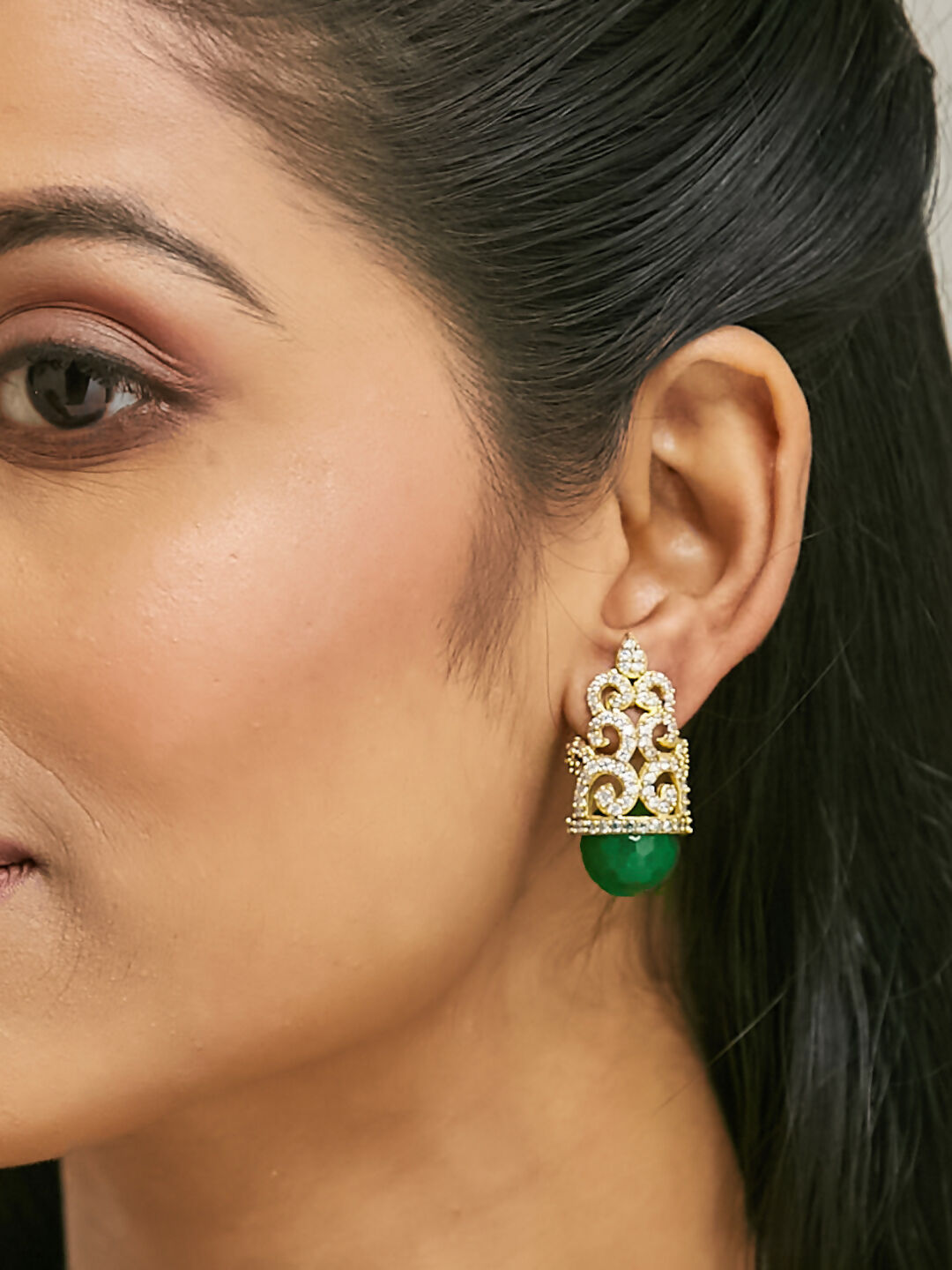 Nuyug 22K Gold-Plated Green Gemstone & Zircon Studded Contemporary Filigree Motif Studs | Swadesiicart