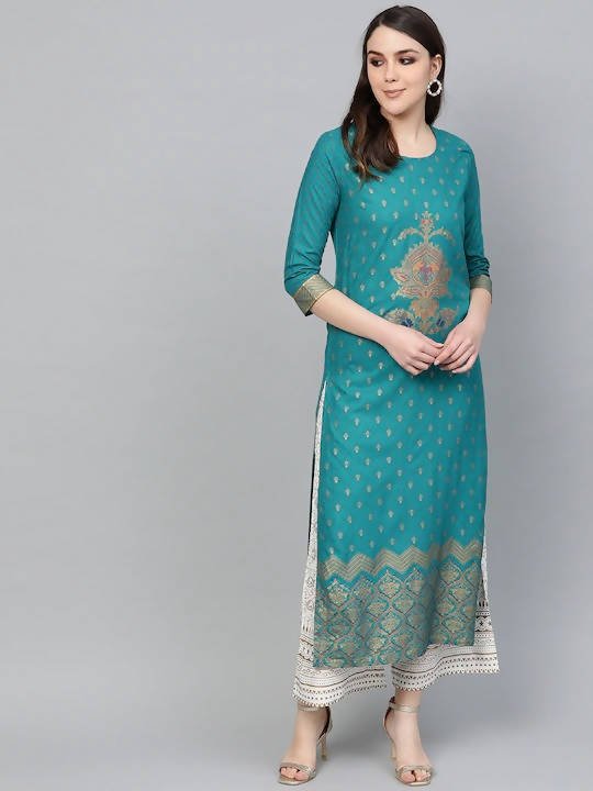 Anubhutee Peacock Blue Kurta Set with Golden Traditional Motifs - Swadesiicart