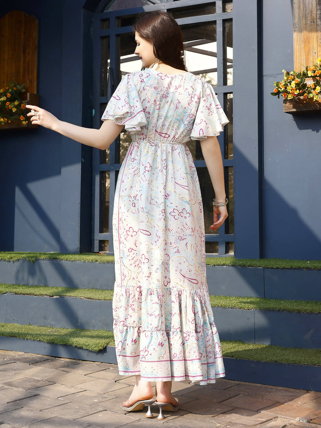 Off white Rayon Foil Printed Long Dress - Michan | Swadesiicart