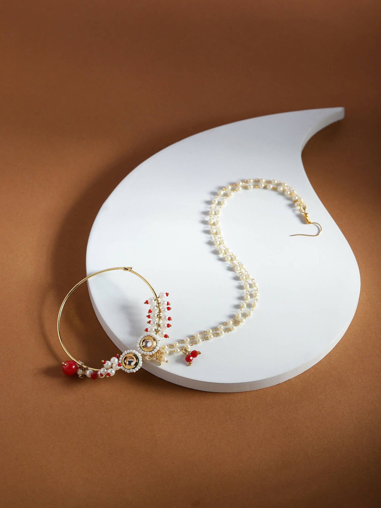 Gold-Polished White Red Kundan Studded Beaded Chained Nose Ring - Ruby Raang | Swadesiicart