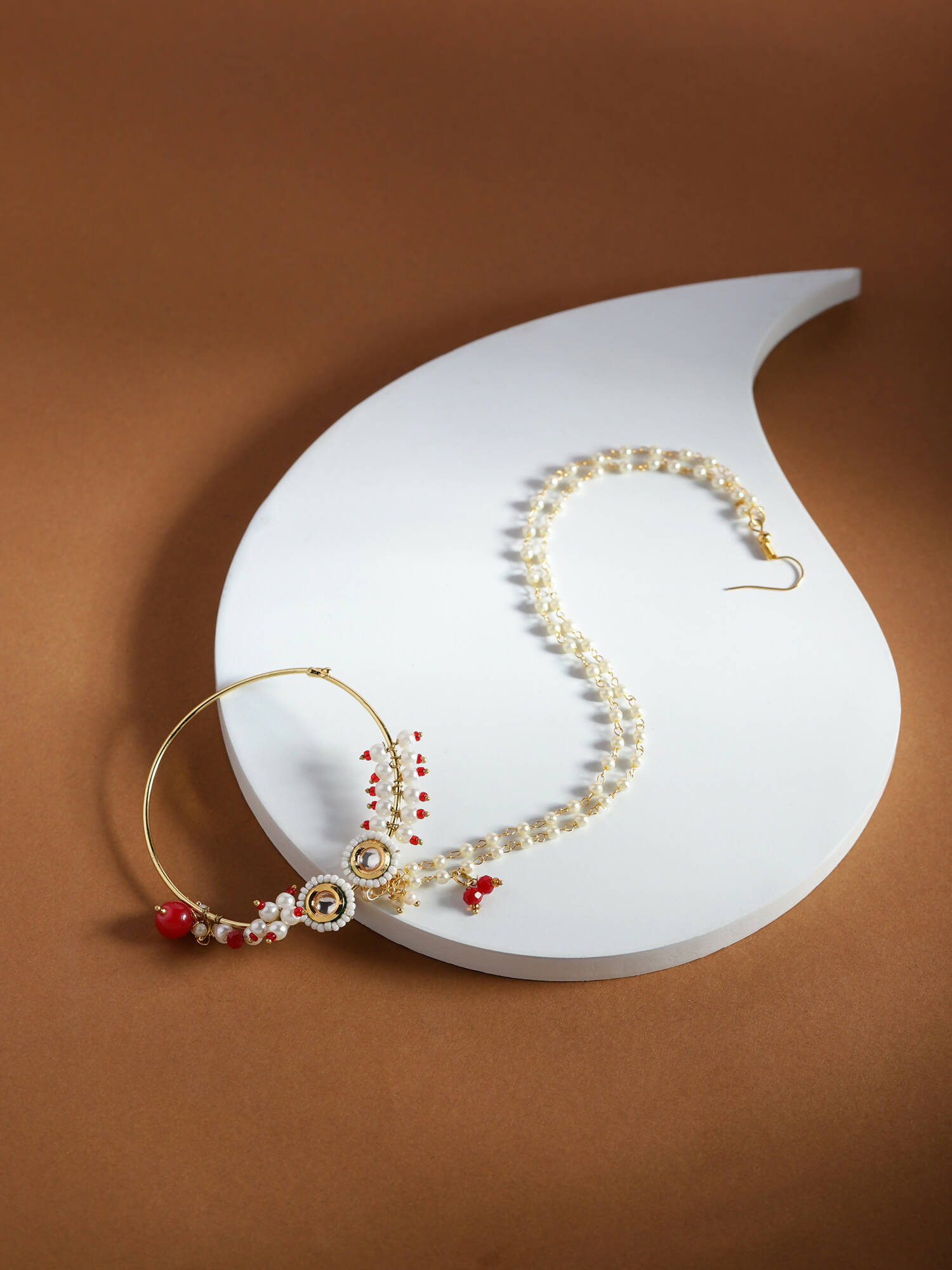 Gold-Polished White Red Kundan Studded Beaded Chained Nose Ring - Ruby Raang | Swadesiicart