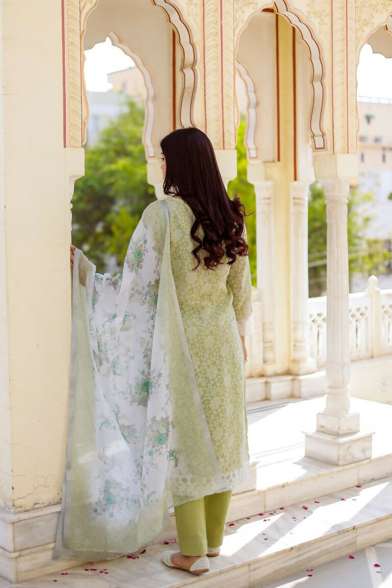 Vaasva Women Pista Green Linen Printed Kurta, Pant & Dupatta set | Swadesiicart