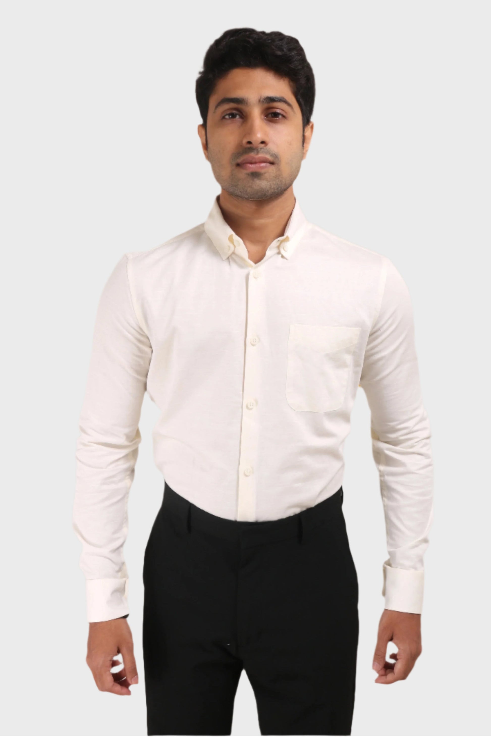 Jonesburg Off White Satin Slub Slim Fit Shirt | Swadesiicart