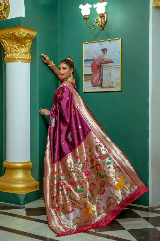 Vishnu Weaves Women's Wine Paithani Silk Zari Woven Saree with Unstitched Blouse - Swadesiicart