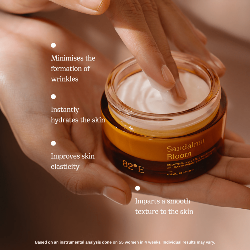 82°E By Deepika Padukone Sandalnut Bloom Smoothening crème moisturiser with sandalwood and peptides | Swadesiicart