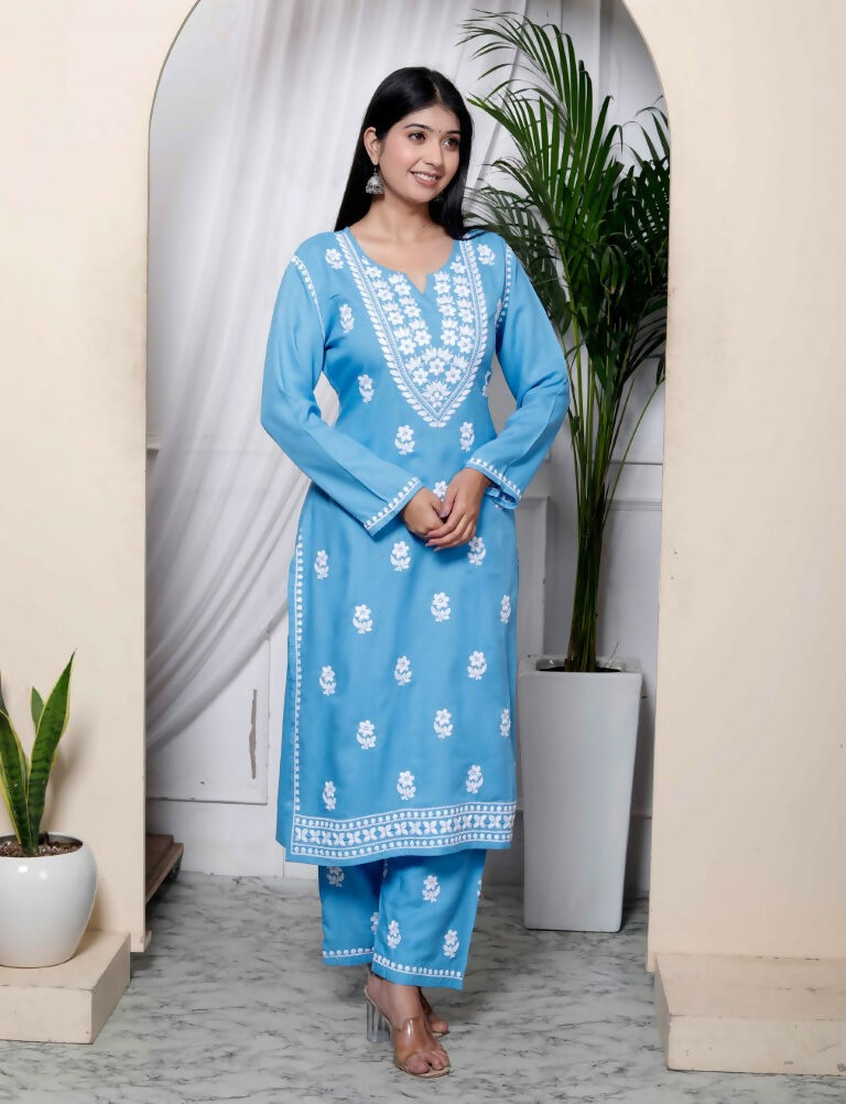 Miravan Women's Chikankari Embroidery Sky Blue Straight Kurta And Palazzo | Swadesiicart