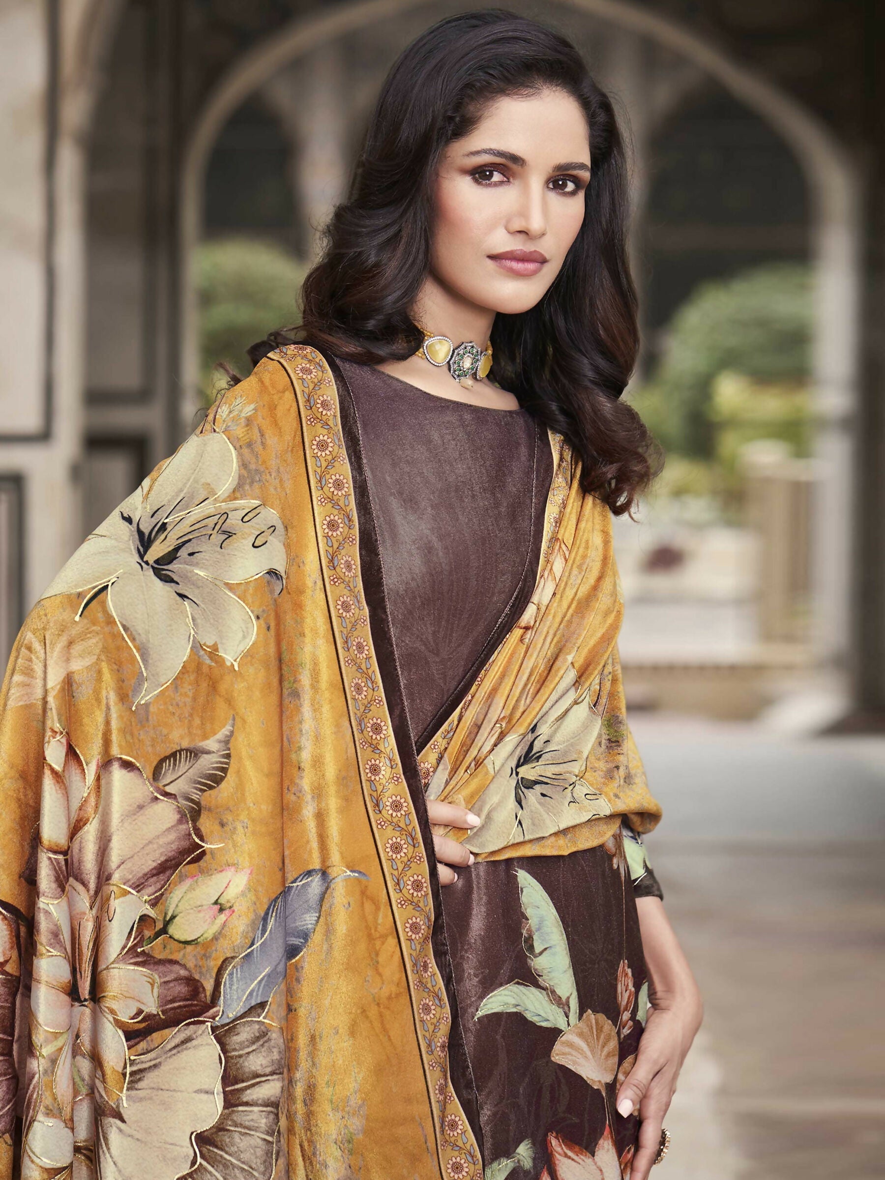 Jyoti Fashion Women's Brown Velvet Floral Digital Printed Kurta with Trouser & Dupatta | Swadesiicart