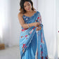 Blue Chinon Designer Digital Printed,Mirror Cut Work Saree - Elayna