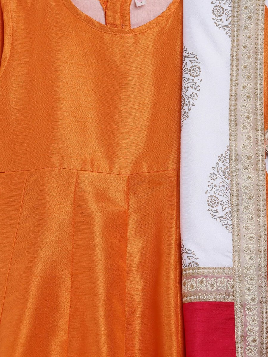 Ahalyaa Orange Poly Silk Anarkali Kids Kurta With Dupatta Set For Girls | Swadesiicart