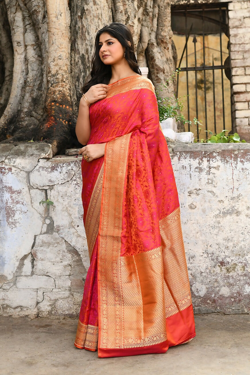 Joban Fashion Red Pure Katan Pure Handloom Banarasi Silk Saree | Swadesiicart