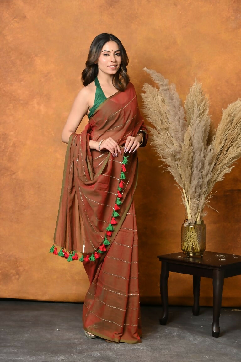 Very Much Indian Designer Mul Cotton Handloom Saree with Sequins - Dual Tone Red Green | Swadesiicart