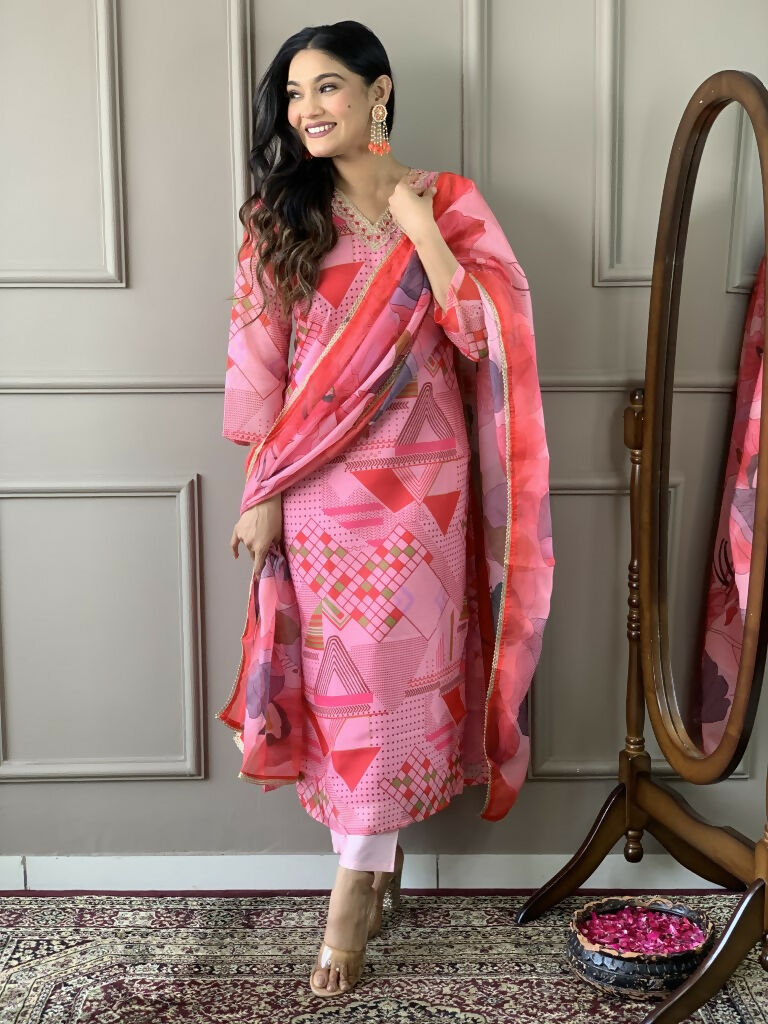 Multi Pink Viscose Chanderi Stitched Suit With Dupatta - Tanisha | Swadesiicart