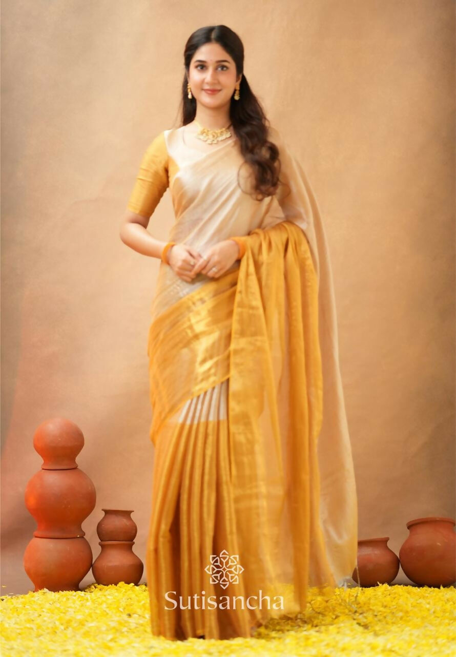 Exclusive Collection Beautiful Yellow Tissue Silk Hand Weaving Handloom Saree With Running Blouse Piece - Swadesiicart
