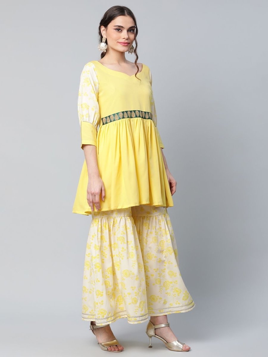 Ahalyaa Women Yellow Crepe Floral Short Kurta with Sharara Set | Swadesiicart