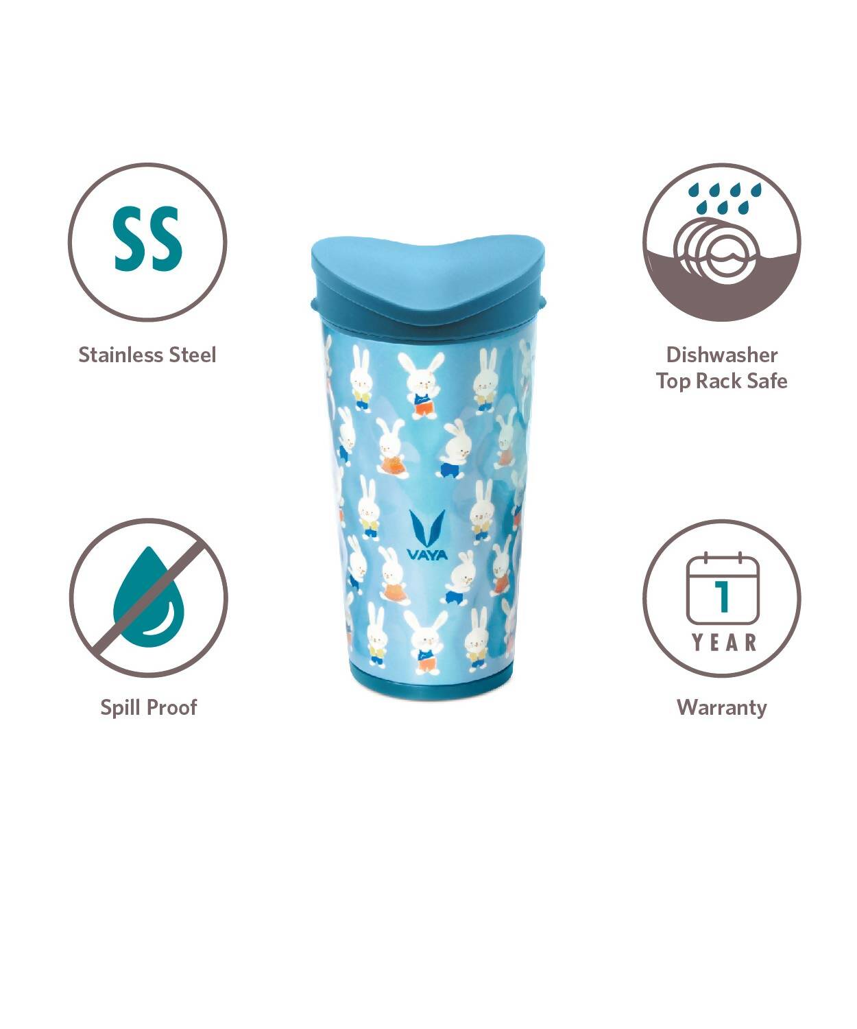 Vaya Drynk Stainless Steel Strawless Silicone Bunnies Print Spout Tumbler With Spill-Proof Pediasafe Lid - 350ml (Blue) | Swadesiicart