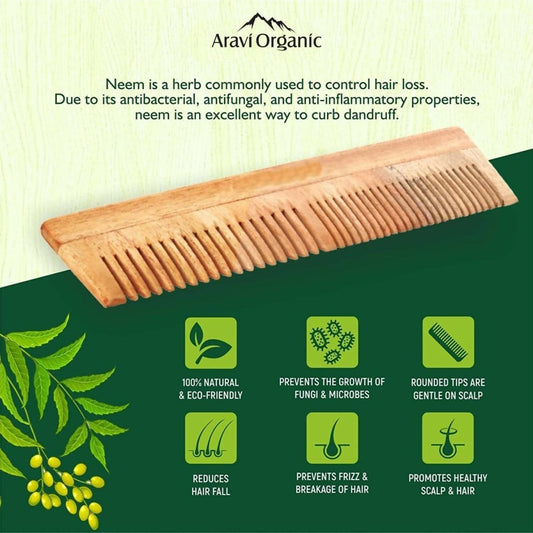 Aravi Organic Neem Wood Comb Fine and Wide Tooth - Swadesiicart